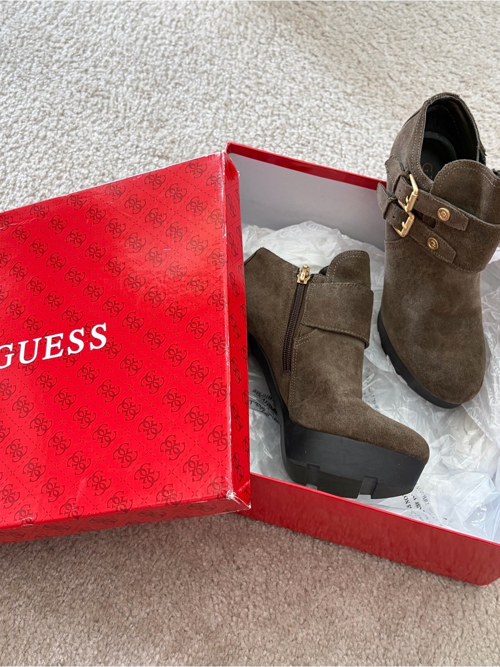 GUESS Olive Suede Platform Ankle Booties with Gold Buckle. Fun. High. Comfortabl